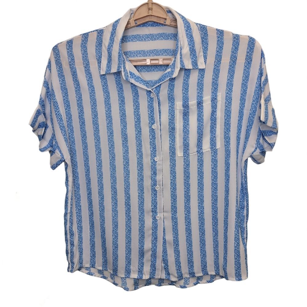 Womens Blue White Striped Print Batwing Sleeve Pocket Blouse Top S
